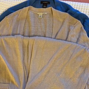 Lot of 2 Halogen Linen Blend Long Knit Cardigan Sweaters Blue & Beige Medium